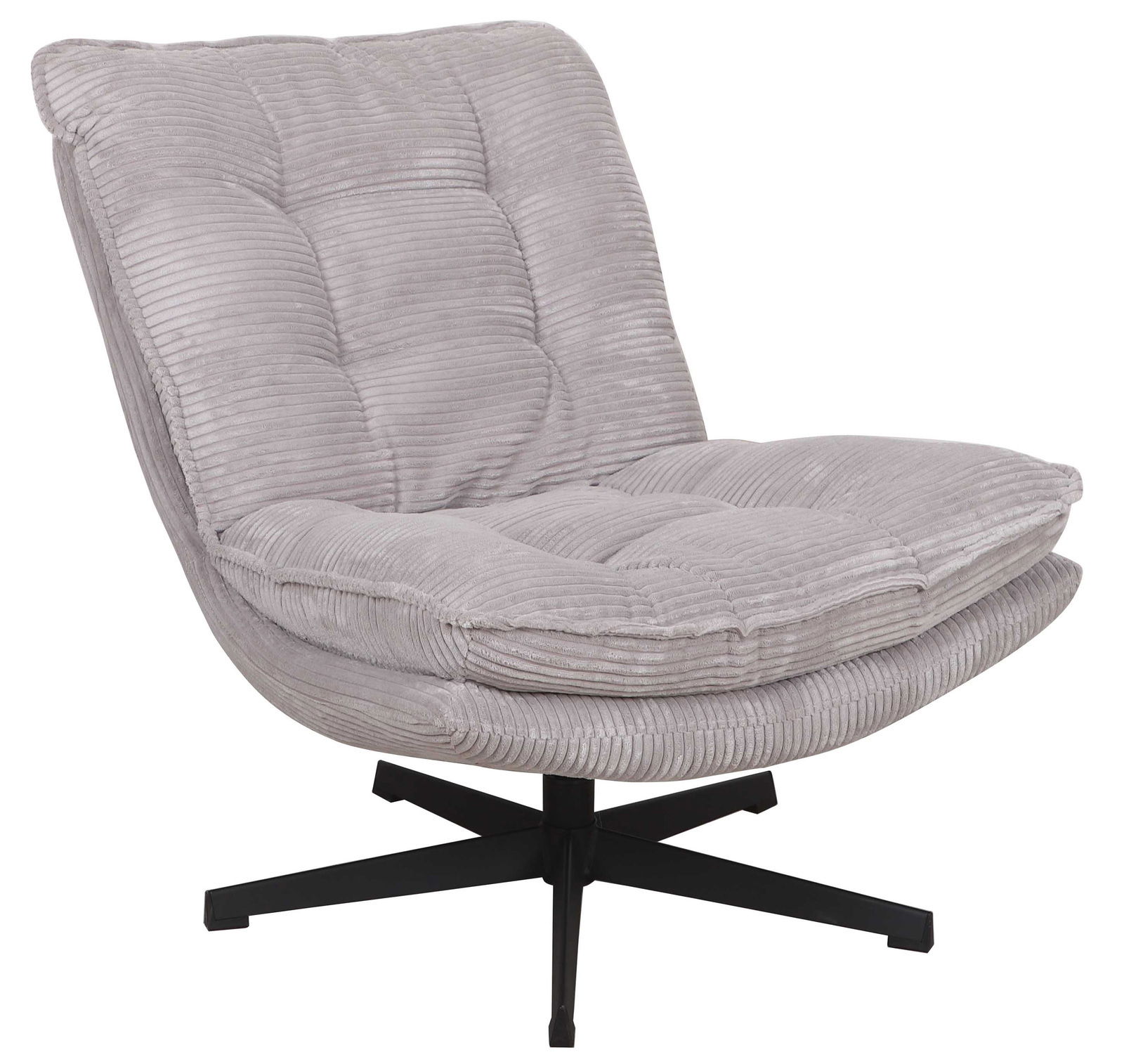 Grauer Relaxsessel mit weichem, geripptem Stoffbezug und schwarzem Drehfuß, seitliche Perspektive