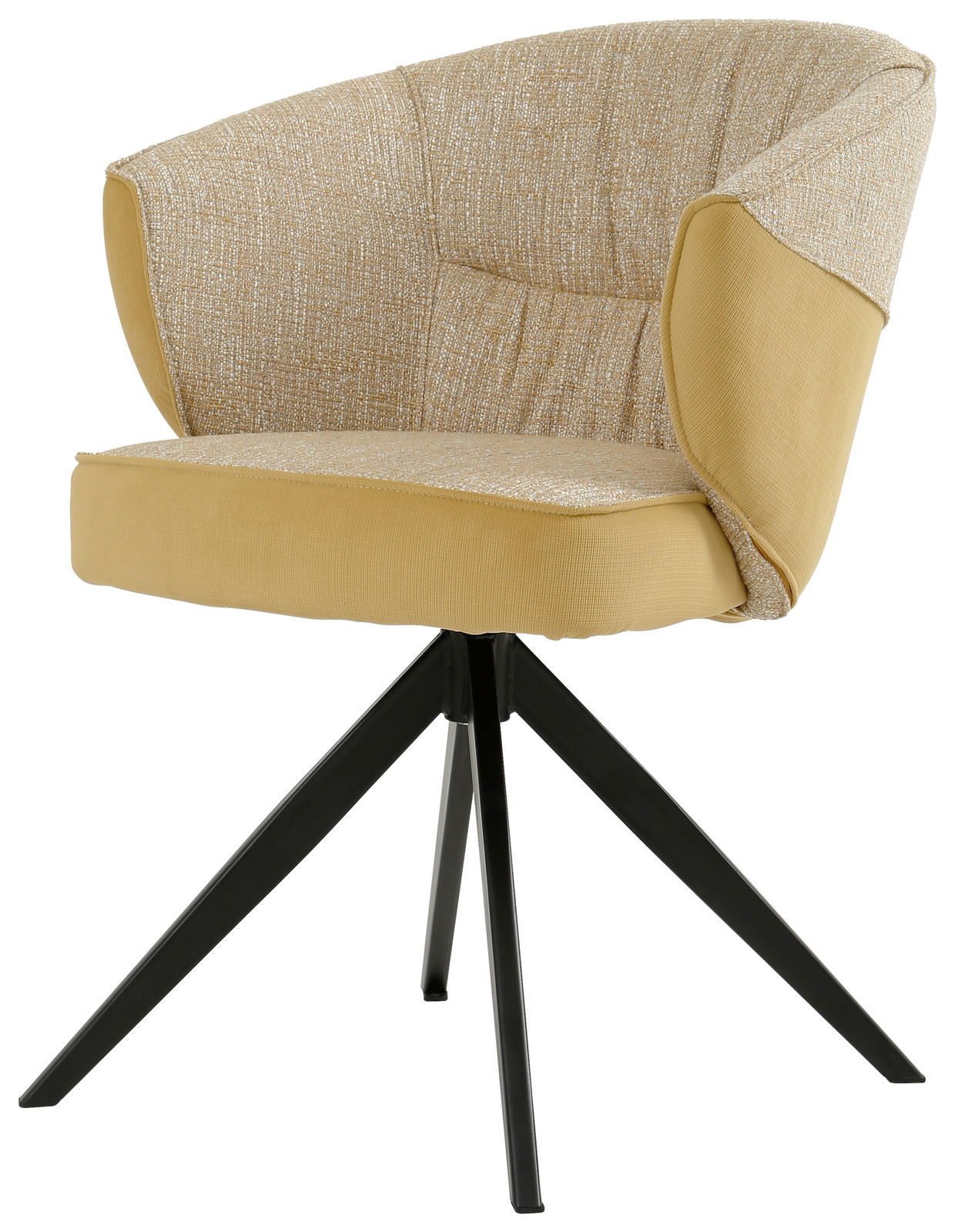 Beiger Armlehnstuhl mit schwarzem Metallgestell, seitliche Perspektive