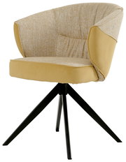 Beiger Armlehnstuhl mit schwarzem Metallgestell, seitliche Perspektive