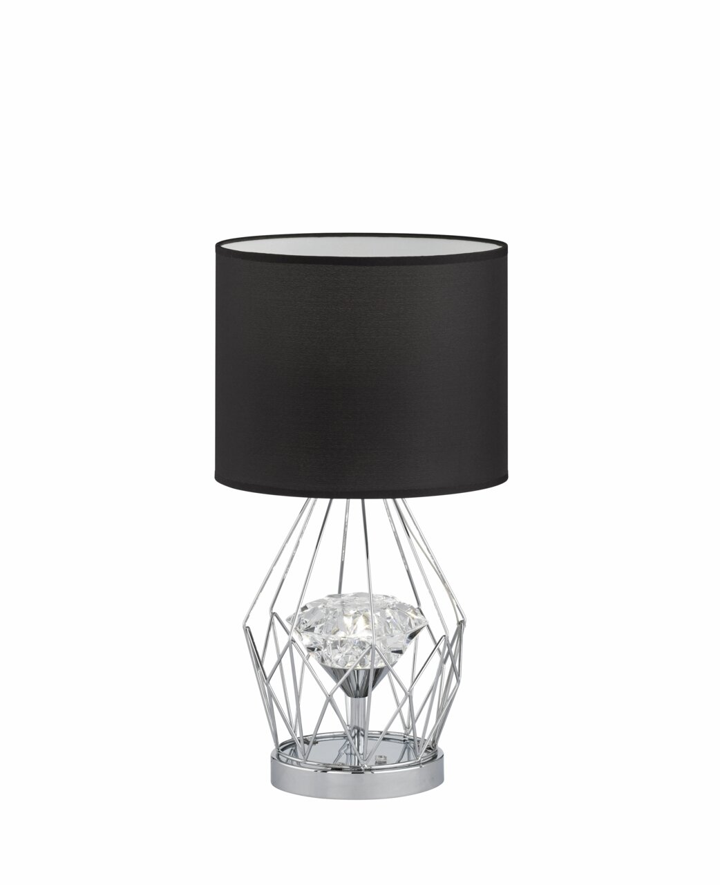 Moderne LED-Tischleuchte mit schwarzem Lampenschirm und verchromtem, geometrischem Metallfuß, frontal abgebildet.