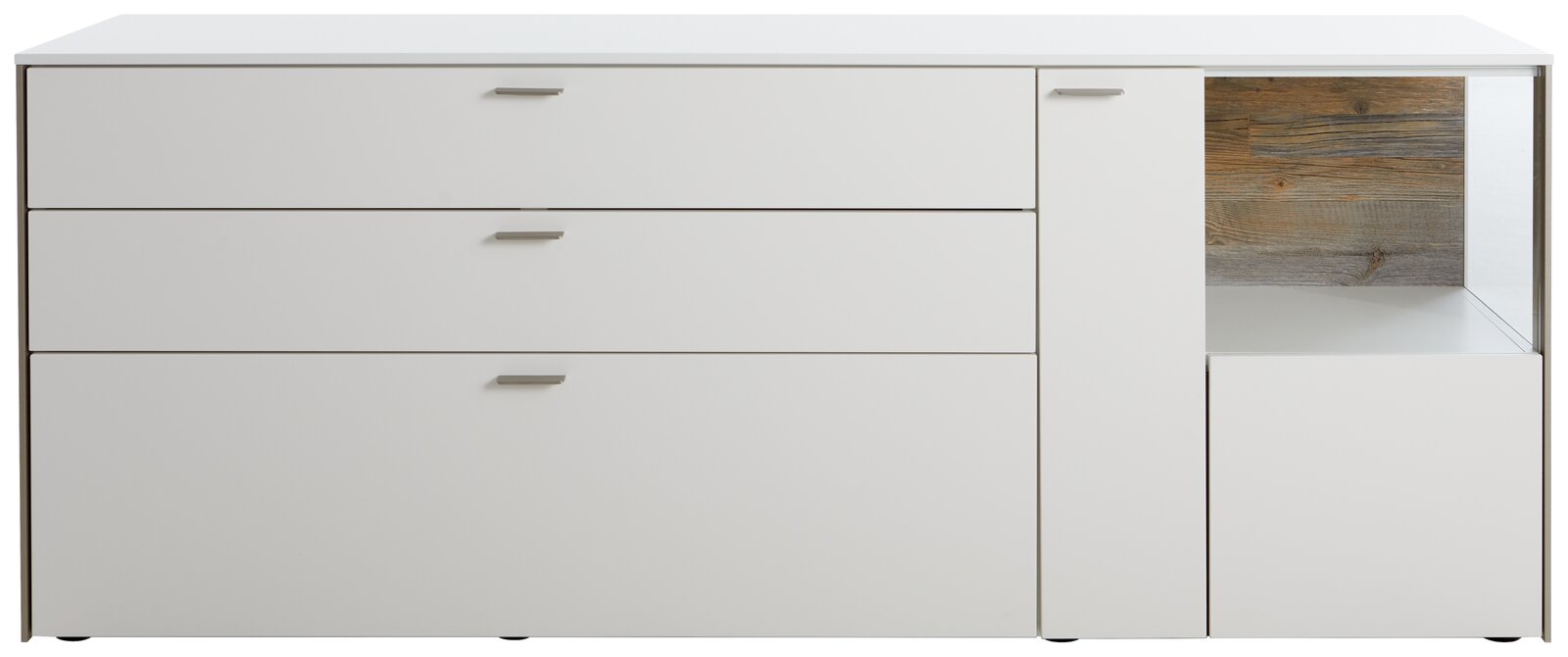 Weißes Sideboard mit drei Schubladen und einer Tür, Frontansicht
