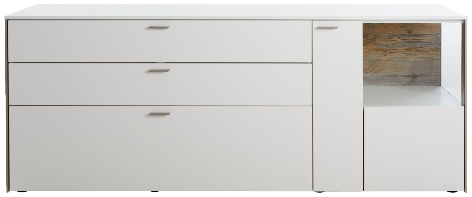 Wit dressoir met drie lades en een deur, vooraanzicht