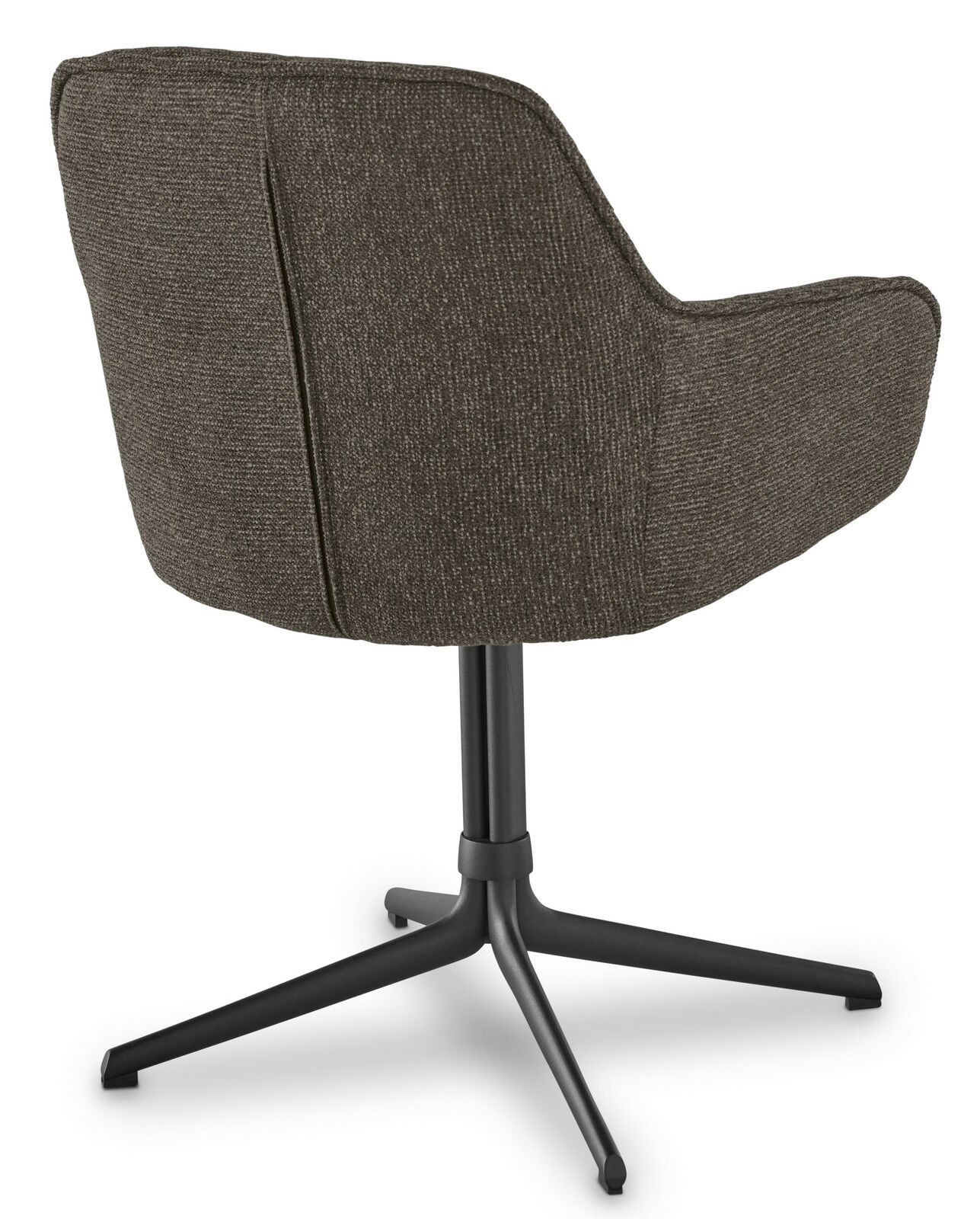 Rückansicht eines Armlehnstuhls mit dunkelbraunem Stoffbezug und schwarzem Metallfußgestell.