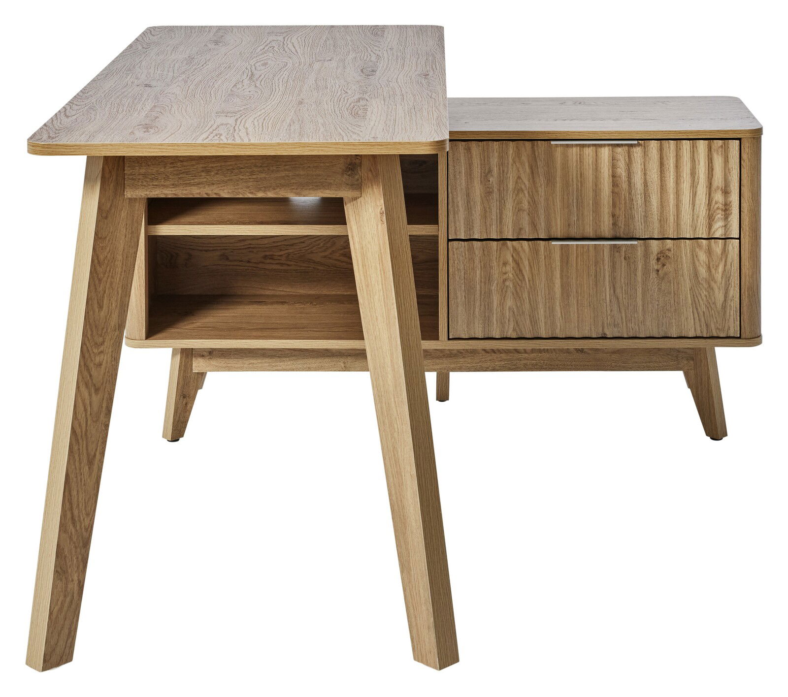 Eck-Schreibtisch aus Holz mit zwei Schubladen und einem offenen Fach, seitliche Perspektive