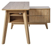 Eck-Schreibtisch aus Holz mit zwei Schubladen und einem offenen Fach, seitliche Perspektive
