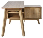 Eck-Schreibtisch aus Holz mit zwei Schubladen und einem offenen Fach, seitliche Perspektive