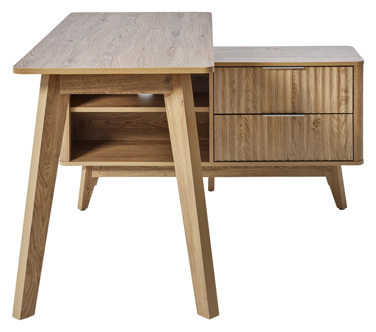 Eck-Schreibtisch aus Holz mit zwei Schubladen und einem offenen Fach, seitliche Perspektive