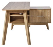 Eck-Schreibtisch aus Holz mit zwei Schubladen und einem offenen Fach, seitliche Perspektive