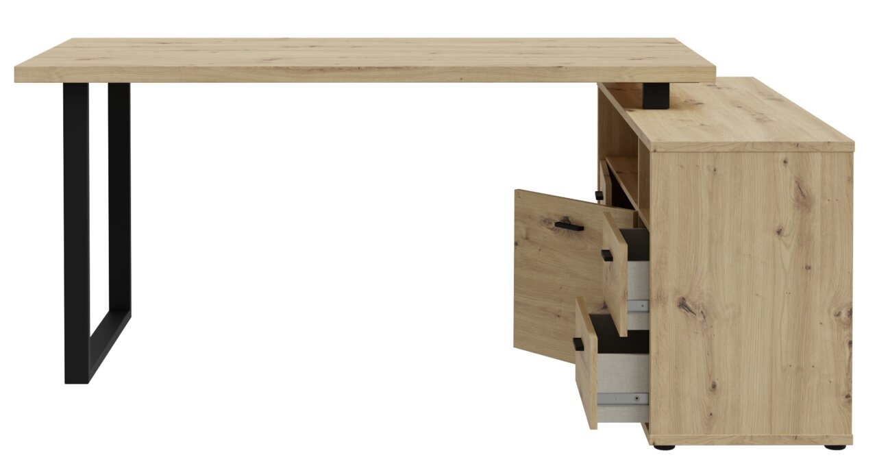 L-vormig hoekbureau van hout met een zwart metalen onderstel, lades en kastdeur open, zijaanzicht