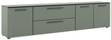 XL-TV-Lowboard in grauer Farbe mit vier Türen und zwei Schubladen, seitliche Perspektive