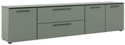 XL-TV-Lowboard in grauer Farbe mit vier Türen und zwei Schubladen, seitliche Perspektive