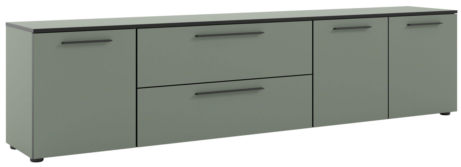 XL-TV-Lowboard in grauer Farbe mit vier Türen und zwei Schubladen, seitliche Perspektive
