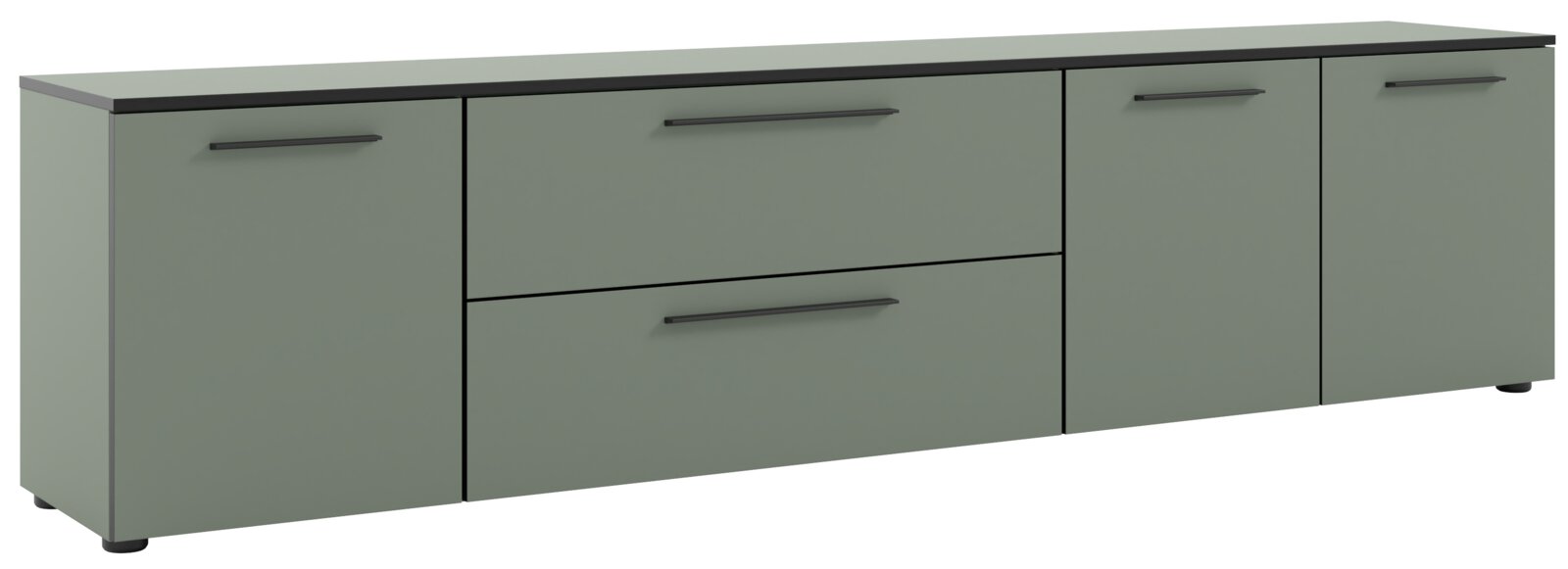 XL-TV-Lowboard in grauer Farbe mit vier Türen und zwei Schubladen, seitliche Perspektive