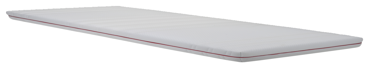 Kaltschaumtopper in seitlicher Perspektive mit weißem Bezug und rotem Rand