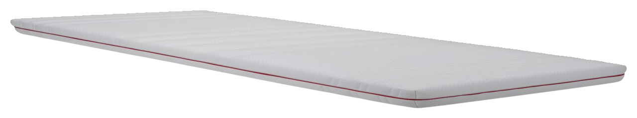 Kaltschaumtopper in seitlicher Perspektive mit weißem Bezug und rotem Rand