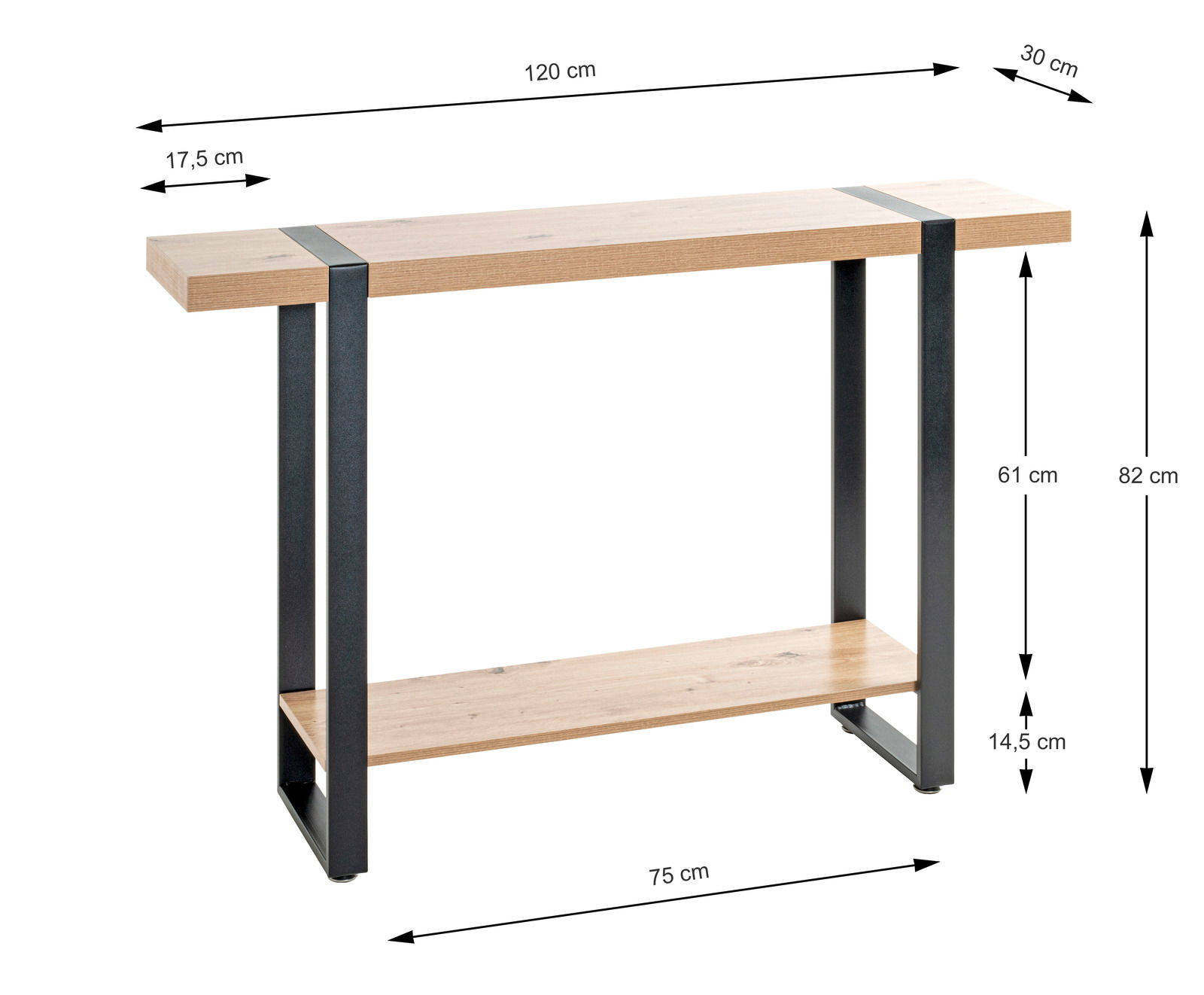 Konsole aus Holz und Metall mit zwei Ebenen, seitliche Perspektive, Maße: 120 cm Länge, 30 cm Breite, 82 cm Höhe.