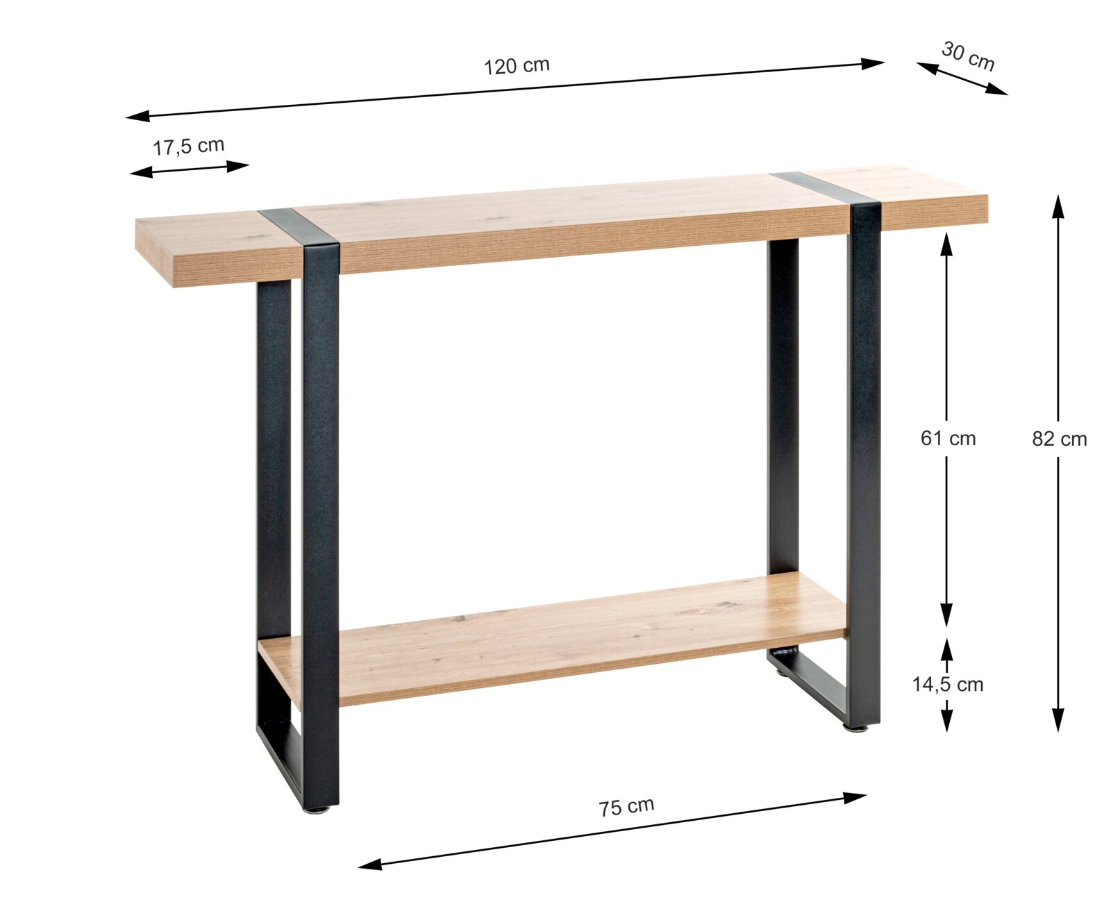 Console van hout en metaal met twee niveaus, zijaanzicht, afmetingen: 120 cm lang, 30 cm breed, 82 cm hoog.