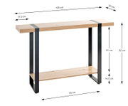 Konsole aus Holz und Metall mit zwei Ebenen, seitliche Perspektive, Maße: 120 cm Länge, 30 cm Breite, 82 cm Höhe.