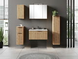 Modernes Waschtisch-Set 80 cm mit Holzoptik, bestehend aus einem Waschbecken mit Unterschrank, zwei hohen Schränken und einem Spiegel, frontal betrachtet.