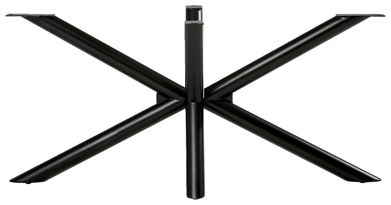 Schwarzes Metallgestell eines Esstisches, von vorne betrachtet, mit kreuzförmigem Design.