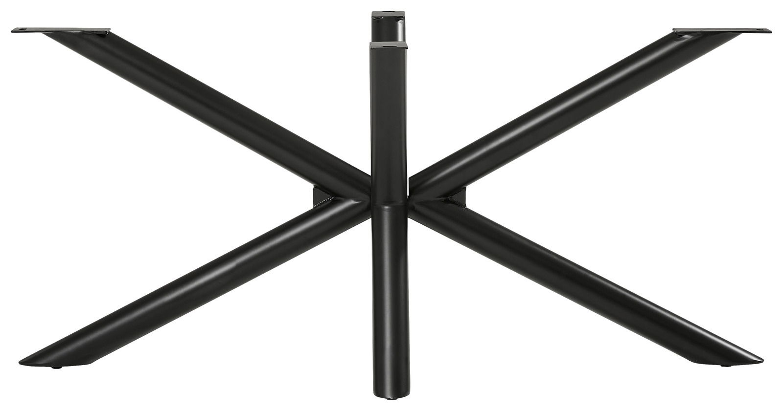 Schwarzes Metallgestell eines Esstisches, von vorne betrachtet, mit kreuzförmigem Design.