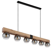 Moderne Hängeleuchte mit sechs kugelförmigen Glühbirnen, montiert an einem Holzträger, seitliche Perspektive.