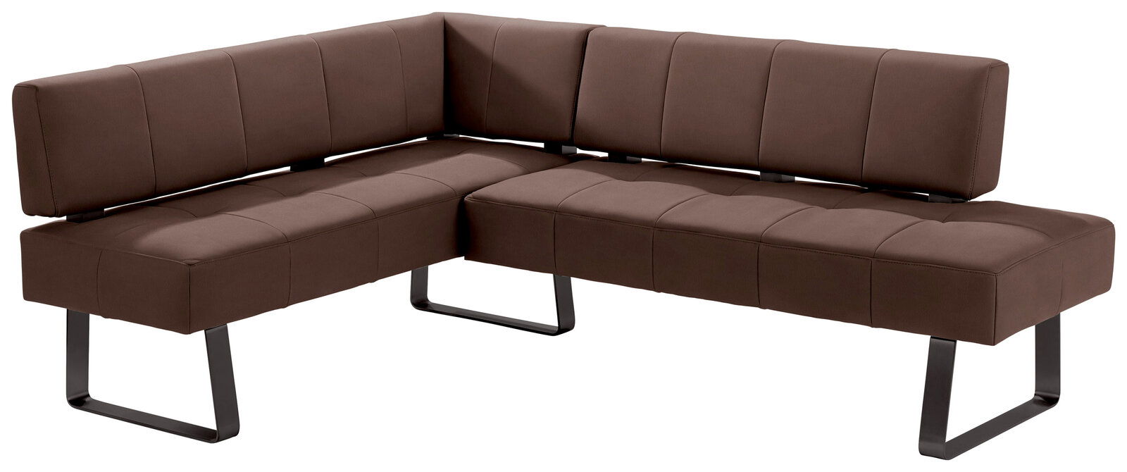 Braune Eckbank mit modernem Design und Metallbeinen, seitliche Perspektive