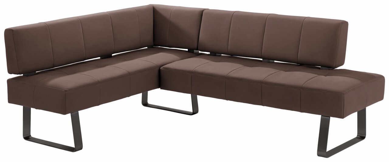 Braune Eckbank mit modernem Design und Metallbeinen, seitliche Perspektive