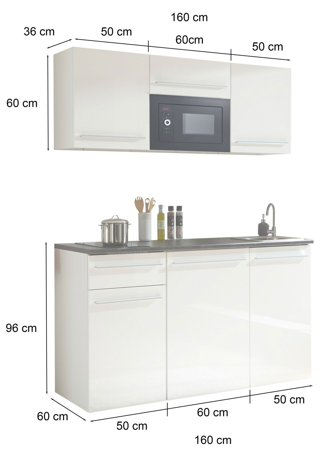 Single-Küche 160 cm mit Hängeschrank, Mikrowelle, Unterschrank mit Spüle und Arbeitsfläche, Frontansicht