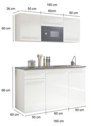 Single-Küche 160 cm mit Hängeschrank, Mikrowelle, Unterschrank mit Spüle und Arbeitsfläche, Frontansicht