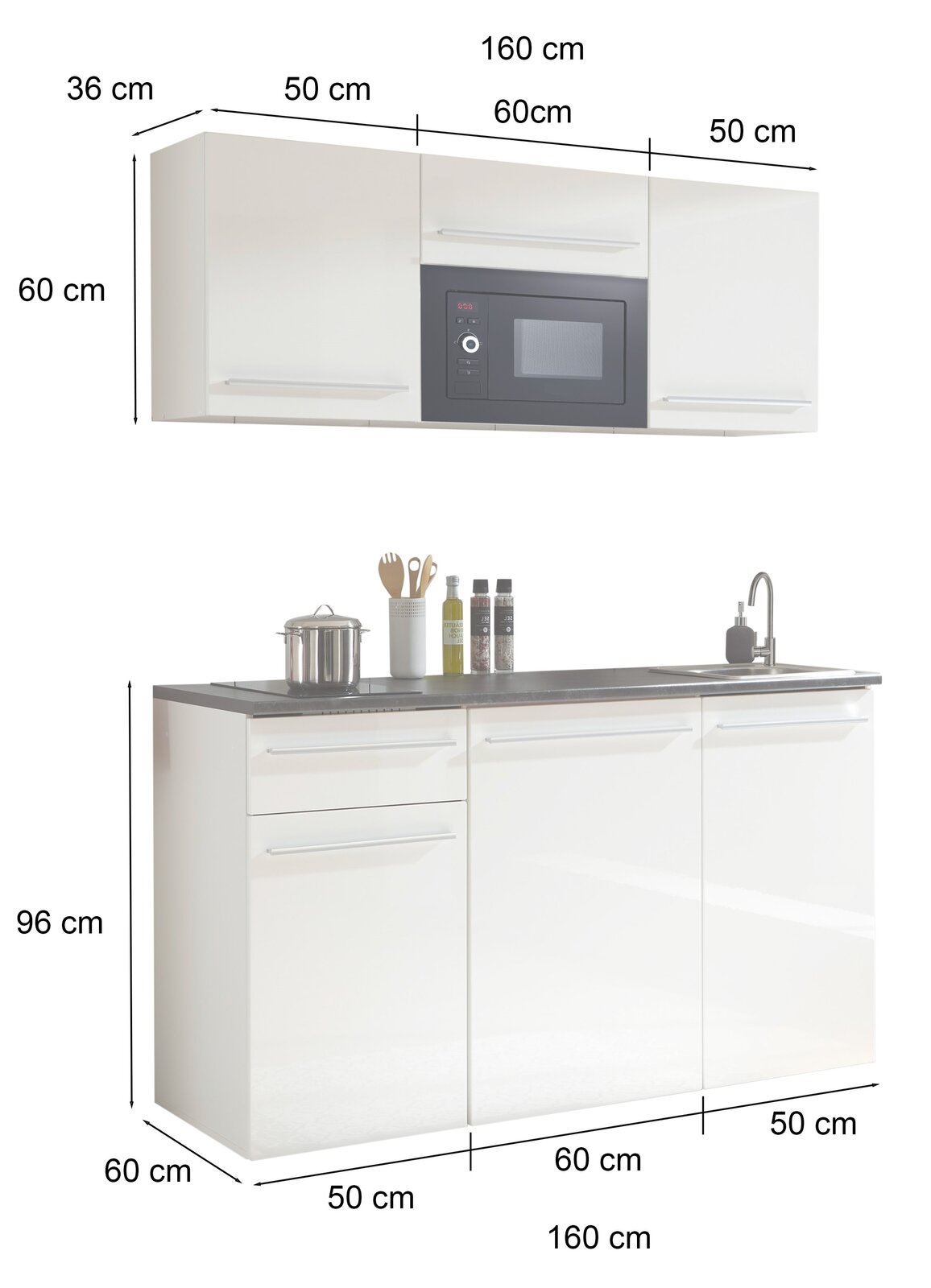 Single-Küche 160 cm mit Hängeschrank, Mikrowelle, Unterschrank mit Spüle und Arbeitsfläche, Frontansicht