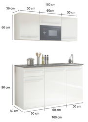 Single-Küche 160 cm mit Hängeschrank, Mikrowelle, Unterschrank mit Spüle und Arbeitsfläche, Frontansicht