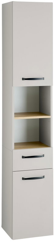 Hoher, schmaler Badezimmer-Hochschrank in Mattweiß mit schwarzem Griff, mittigem offenem Fach mit Holzoptik-Böden sowie Tür und Schublade, freigestellt in frontaler Ansicht mit leichter Seitenperspektive