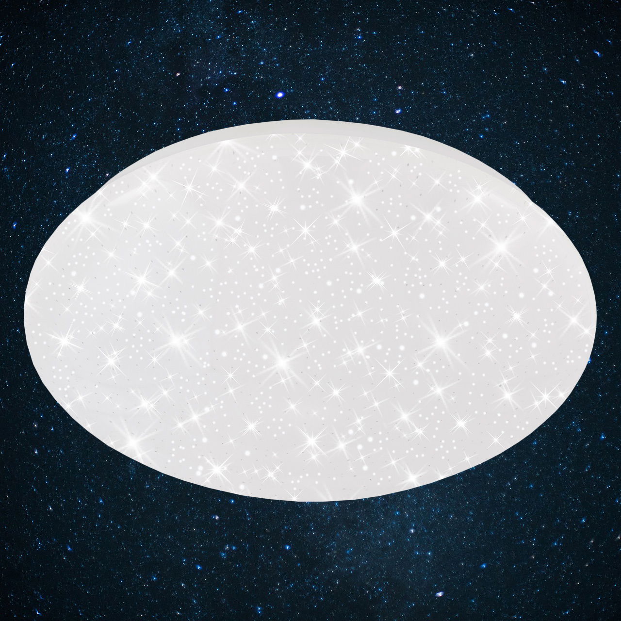 Runde LED-Deckenleuchte in Weiß mit funkelndem Sternenhimmel-Effekt, Ansicht von unten