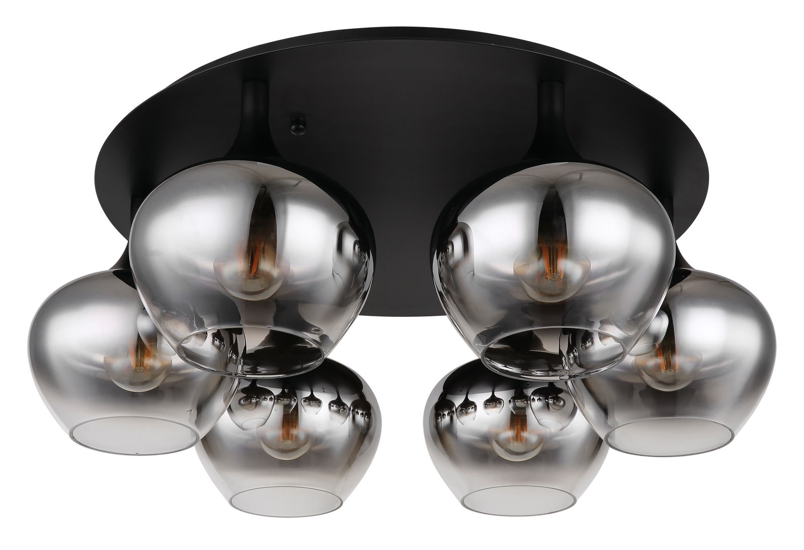 Moderne Deckenleuchte MAXY mit fünf rauchgrauen Glaskugeln, von unten betrachtet.