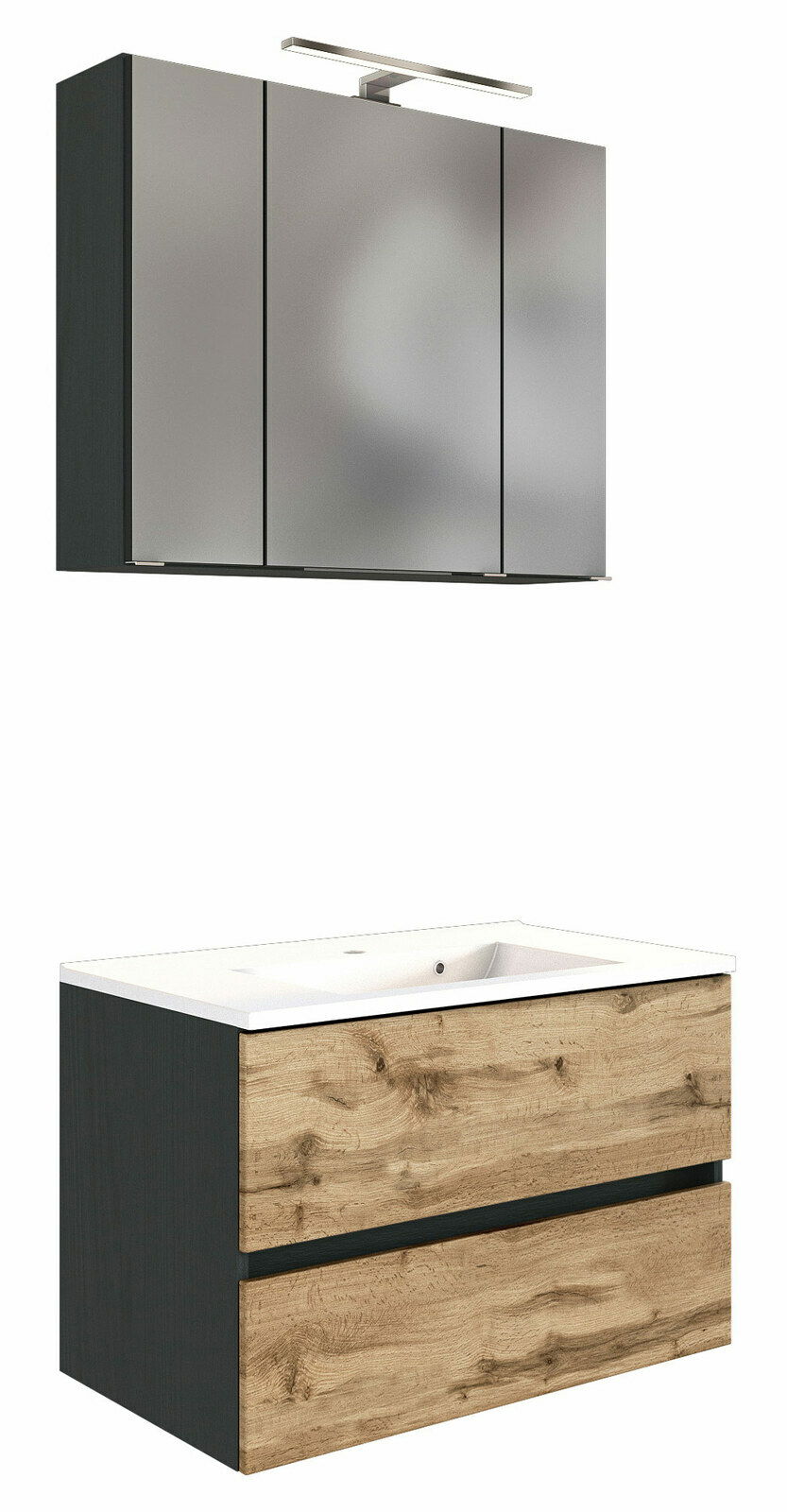 XORA Badkombination LUCCA Moderne Badkombination mit Spiegelschrank und Waschbeckenunterschrank in Holzoptik, seitliche Perspektive