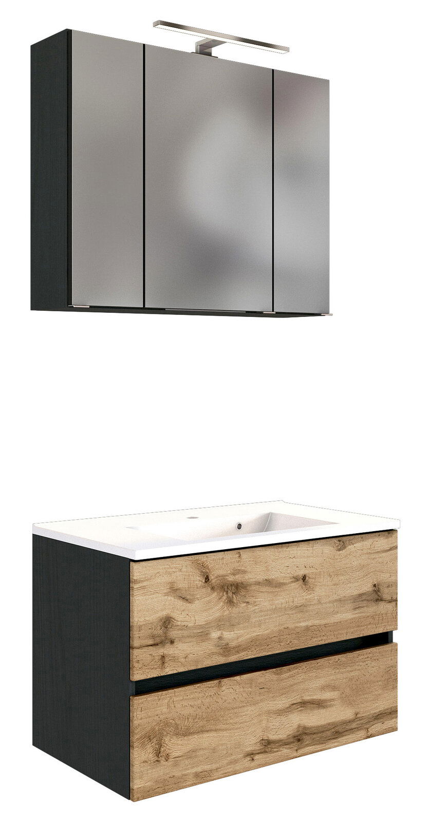 XORA Badkombination LUCCA Moderne Badkombination mit Spiegelschrank und Waschbeckenunterschrank in Holzoptik, seitliche Perspektive