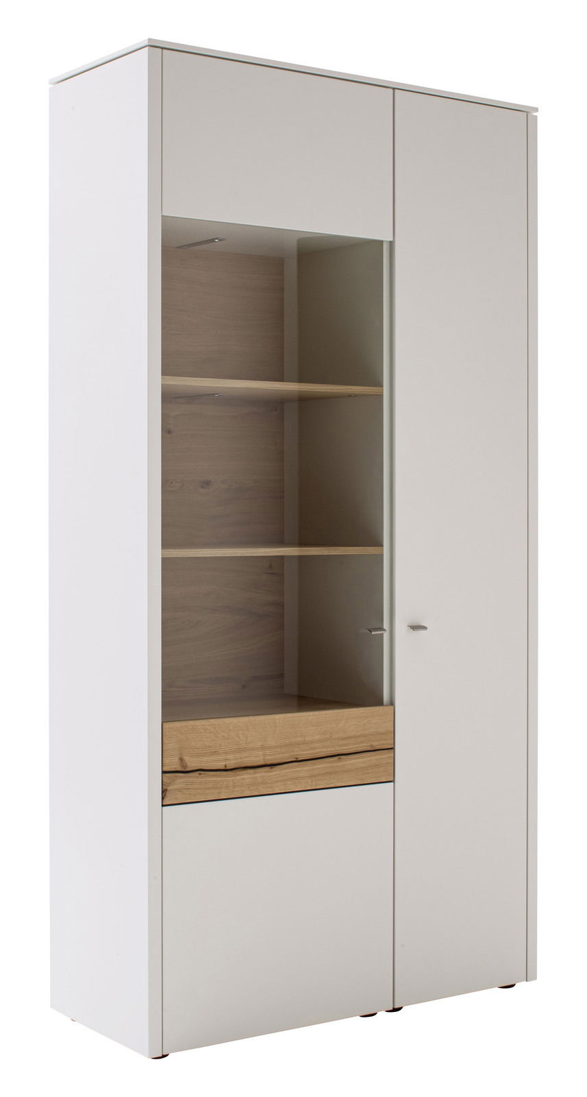 Moderne Vitrine mit weißem Korpus und Holzelementen, frontal betrachtet.