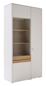 Moderne Vitrine mit weißem Korpus und Holzelementen, frontal betrachtet.