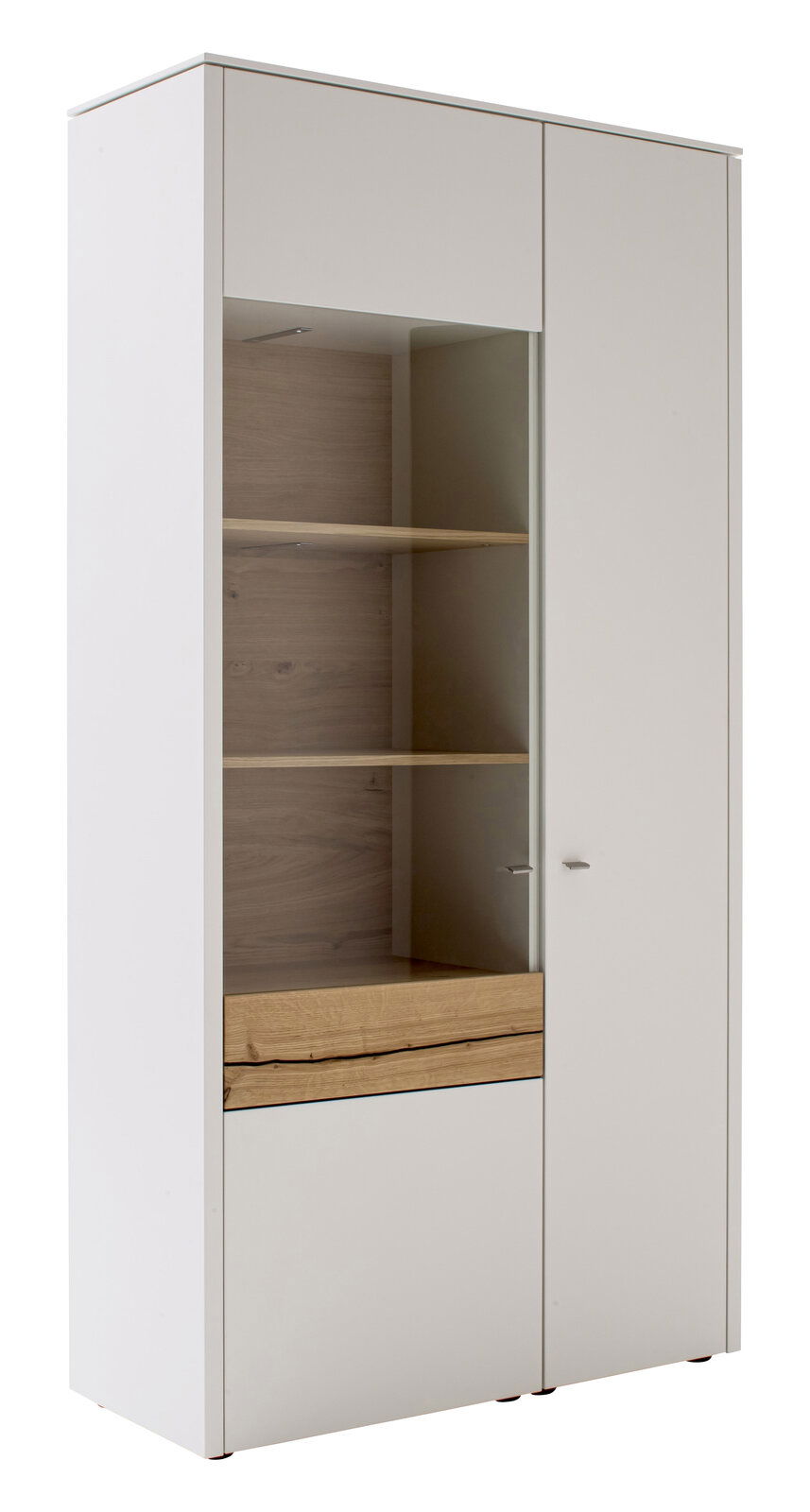 Moderne Vitrine mit weißem Korpus und Holzelementen, frontal betrachtet.