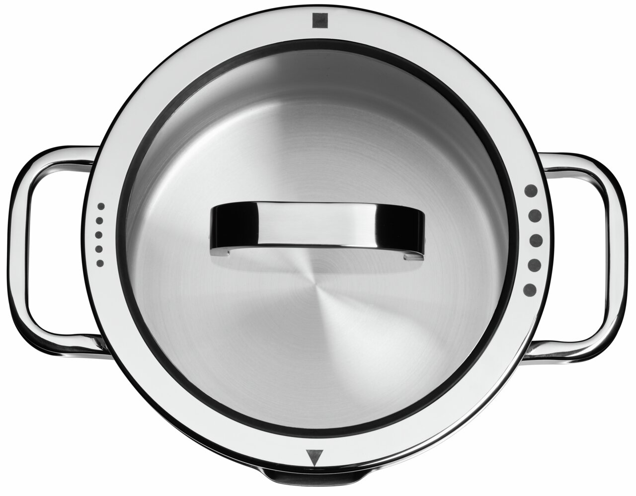 Topf mit Deckel aus Edelstahl, Draufsicht, mit zwei Griffen und Markierungen auf dem Rand.
