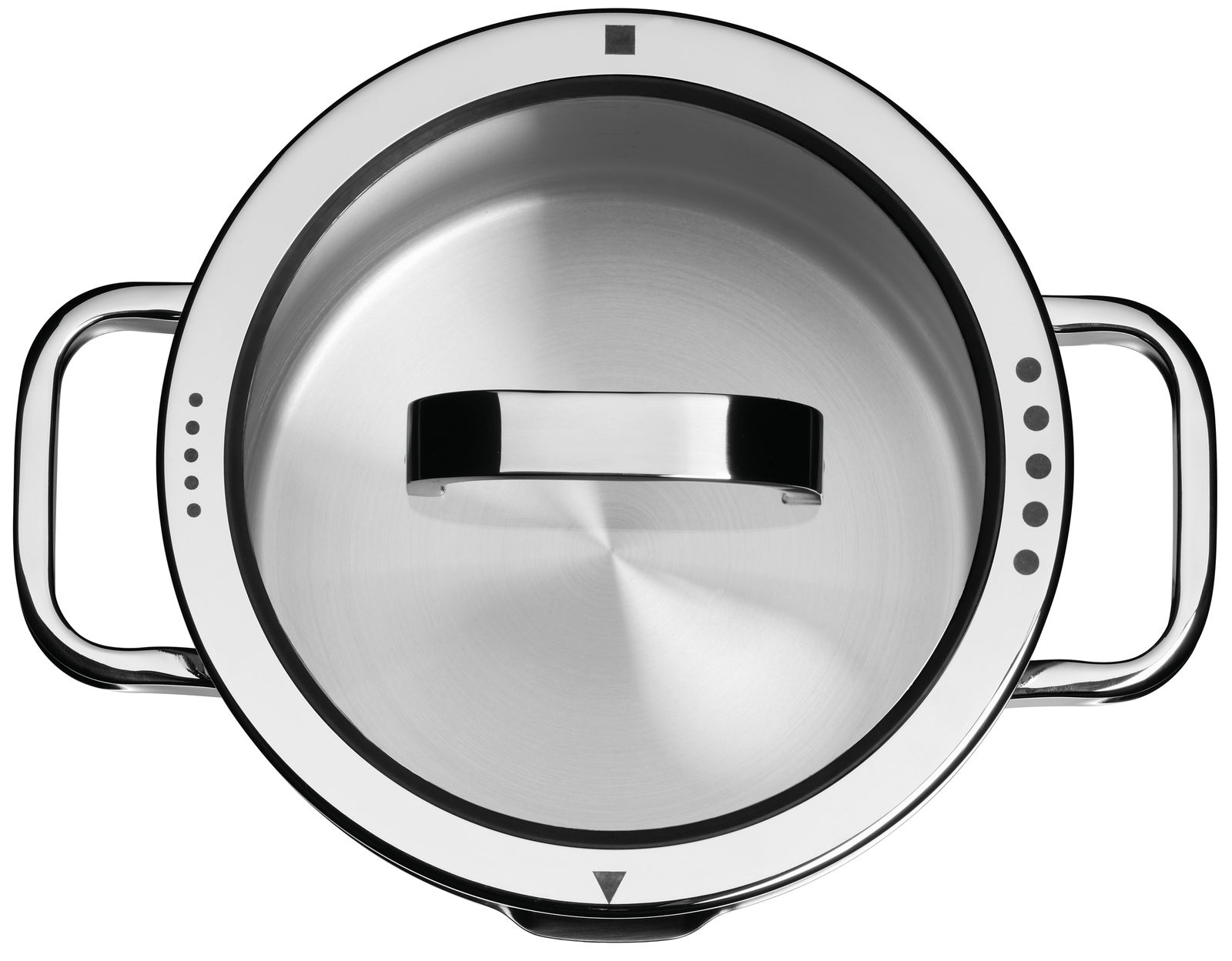Topf mit Deckel aus Edelstahl, Draufsicht, mit zwei Griffen und Markierungen auf dem Rand.