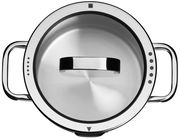 Topf mit Deckel aus Edelstahl, Draufsicht, mit zwei Griffen und Markierungen auf dem Rand.