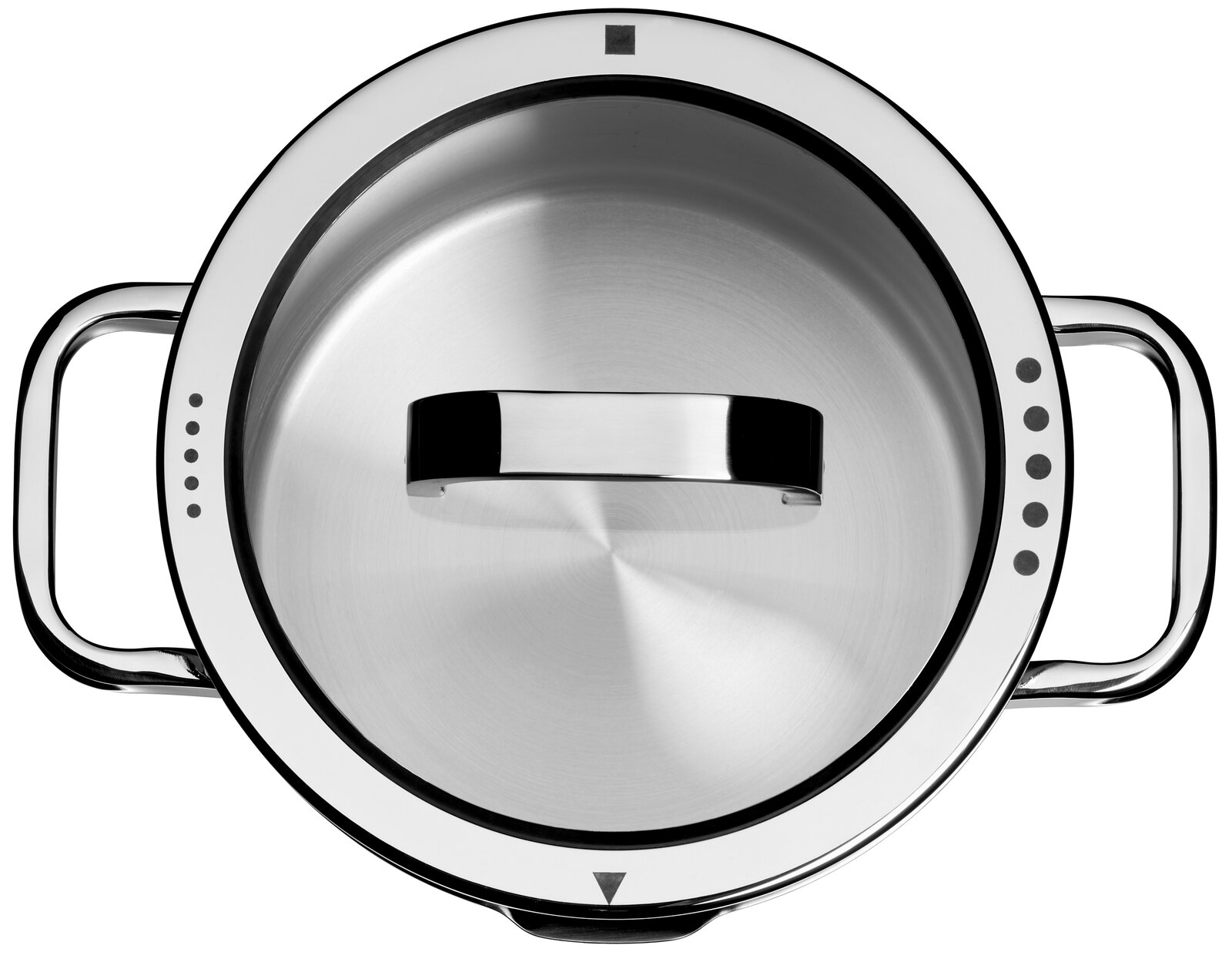 Topf mit Deckel aus Edelstahl, Draufsicht, mit zwei Griffen und Markierungen auf dem Rand.