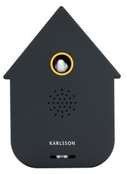 Vorderansicht einer modernen schwarzen Kuckucksuhr mit gelbem Rand um das Kuckucksloch und einem weißen Kuckucksvogel.