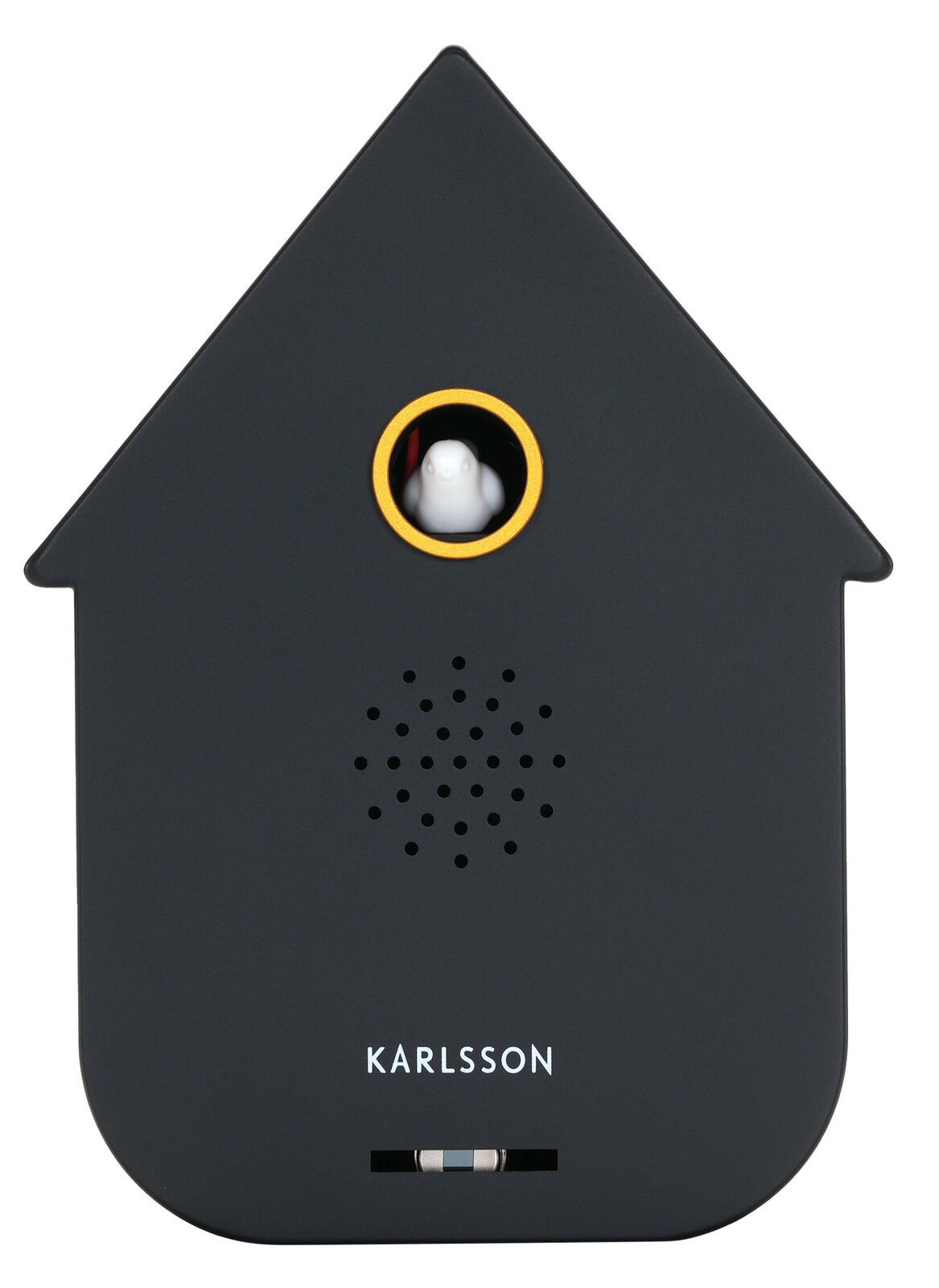 Vorderansicht einer modernen schwarzen Kuckucksuhr mit gelbem Rand um das Kuckucksloch und einem weißen Kuckucksvogel.