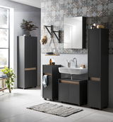 Moderner Badezimmer-Unterschrank in dunklem Holzdesign, frontal betrachtet, mit integriertem Waschbecken und Stauraum.