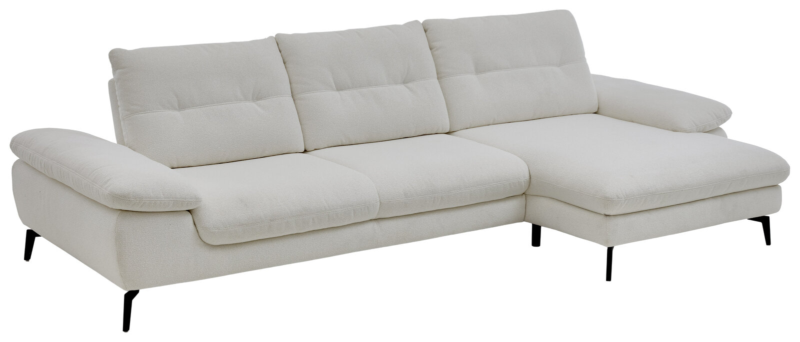 Valdera Longchairkombination ULM Weiße Longchairkombination mit drei Sitzplätzen und einem rechten Longchair, seitliche Perspektive.