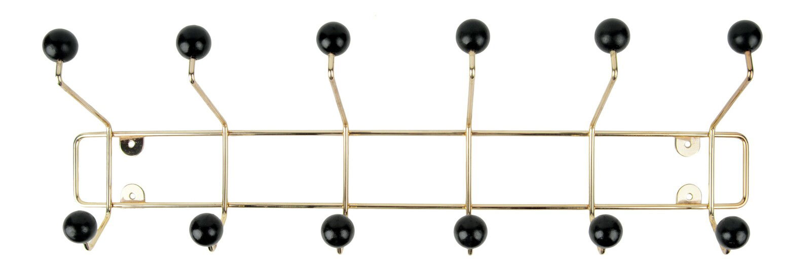 Goldene Garderobe mit mehreren Haken und schwarzen Kugeln, Ansicht von vorne.