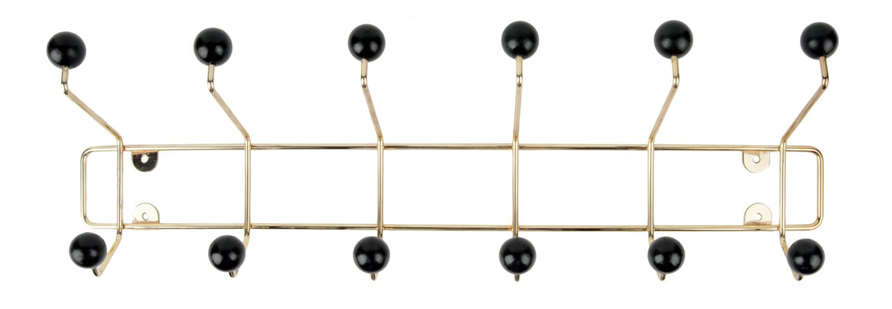 Goldene Garderobe mit mehreren Haken und schwarzen Kugeln, Ansicht von vorne.